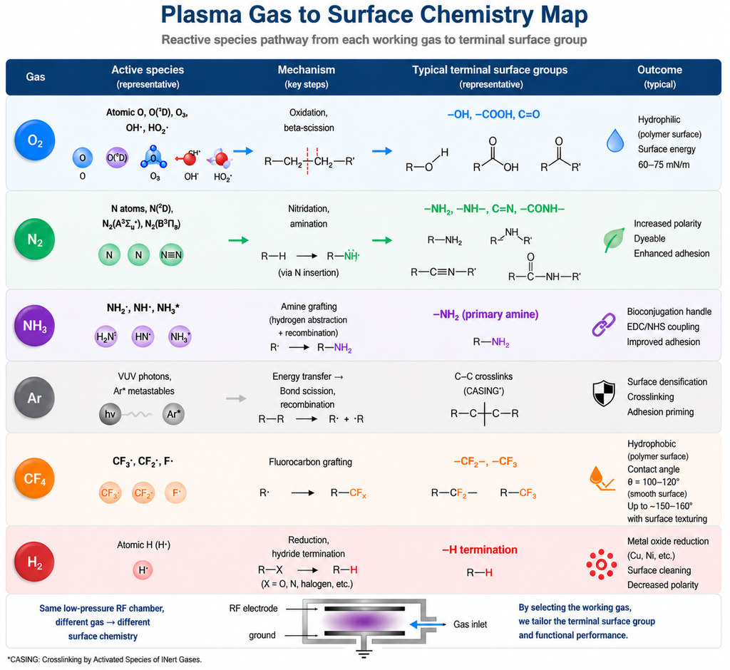 Reaction mechanism map showing how O2, N2, NH3, Ar, CF4, and H2 plasmas each interact with a generic polymer chain to produce hydroxyl, amine, fluorocarbon, hydride, or crosslinked surface chemistries