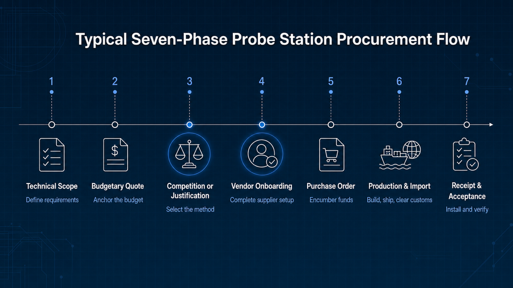 Seven-phase probe-station procurement sequence: technical scope, budgetary quote, competition or justification, vendor onboarding, purchase order, production and import, and receipt and acceptance