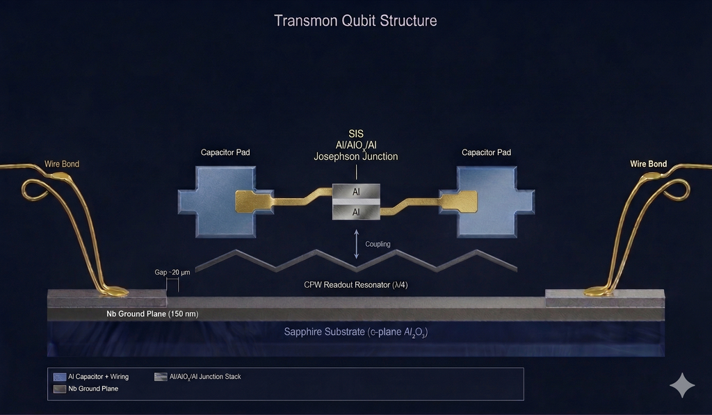 Transmon qubit structure diagram showing cross-shaped capacitor pads connected by a Josephson junction on a sapphire substrate, with CPW readout resonator and Nb ground plane