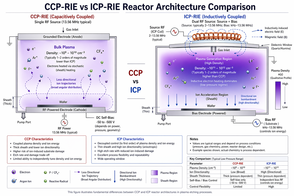 CCP-RIE vs ICP-RIE reactor architecture comparison showing capacitively coupled parallel-plate design versus inductively coupled design with independent plasma density and ion energy control