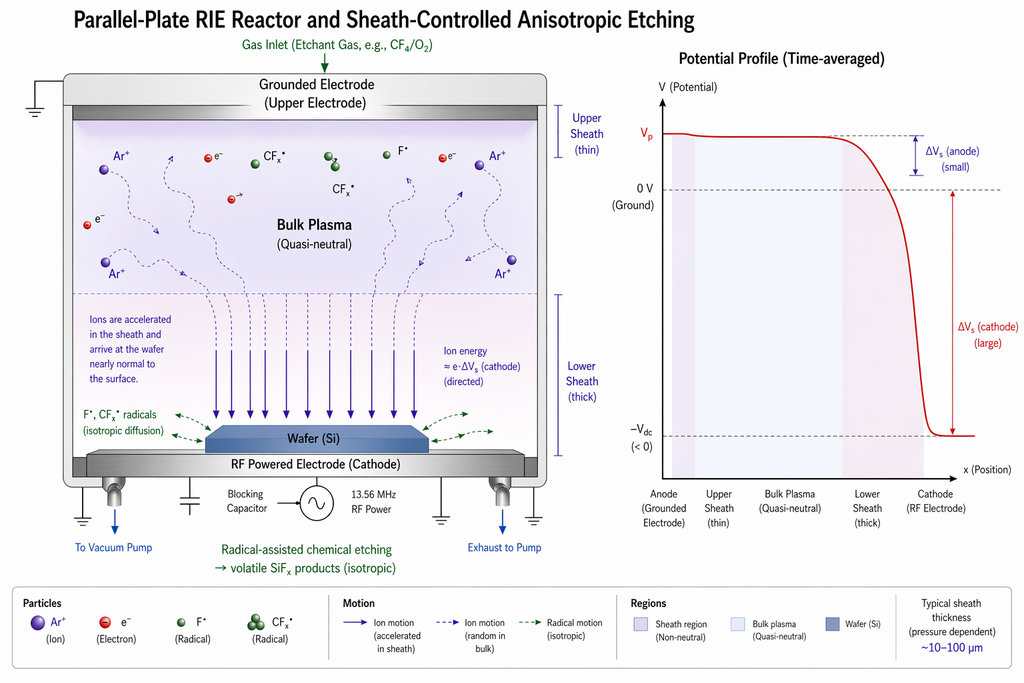 Parallel-plate RIE reactor cross-section schematic showing plasma generation, sheath physics, DC self-bias, ion trajectories, and reactive radical pathways