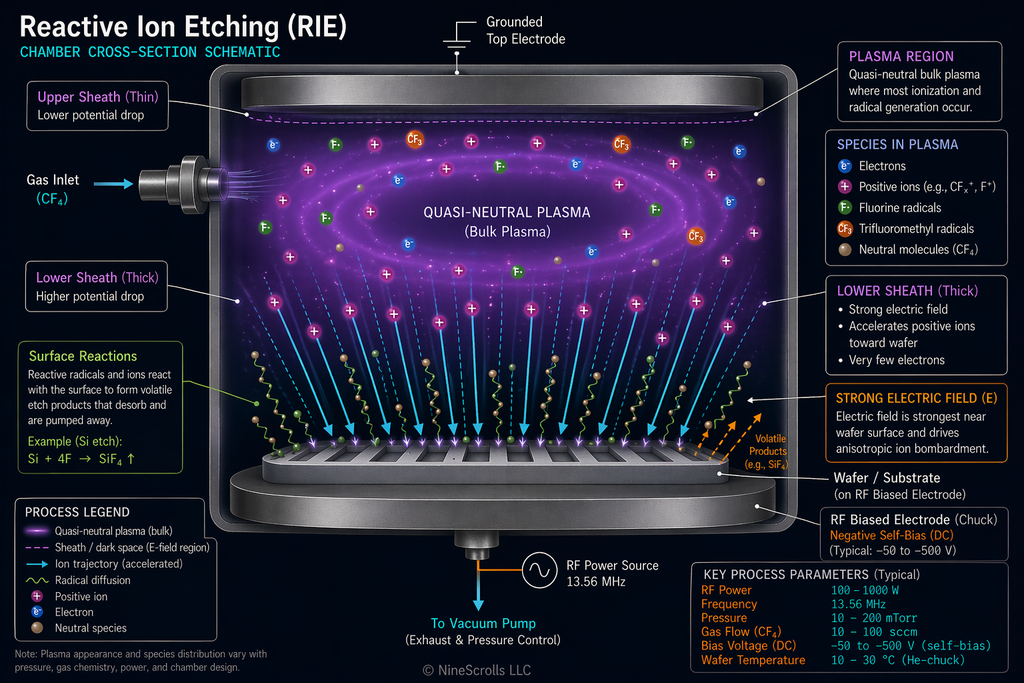 RIE process chamber cross-section schematic showing plasma generation, ion trajectory, reactive gas flow, and substrate positioning for reactive ion etching