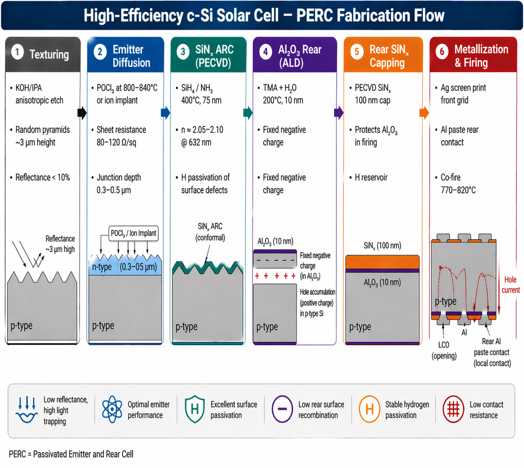 High-efficiency c-Si PERC solar cell fabrication flow — texturing, POCl3 emitter diffusion, SiNx ARC by PECVD, Al2O3 rear passivation by ALD, SiNx capping, and screen-print metallization with co-firing