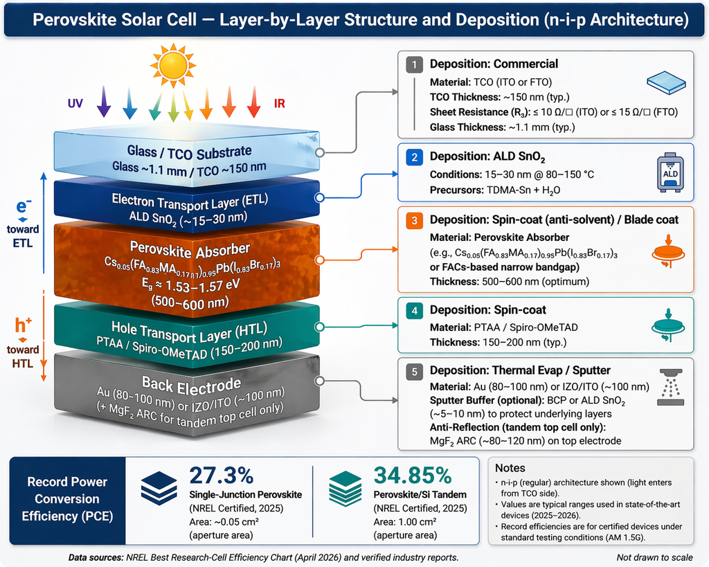 Perovskite solar cell n-i-p layer structure — glass/TCO substrate, ALD SnO2 electron transport layer, perovskite absorber, spin-coated hole transport layer, and evaporated back electrode with deposition methods and thicknesses