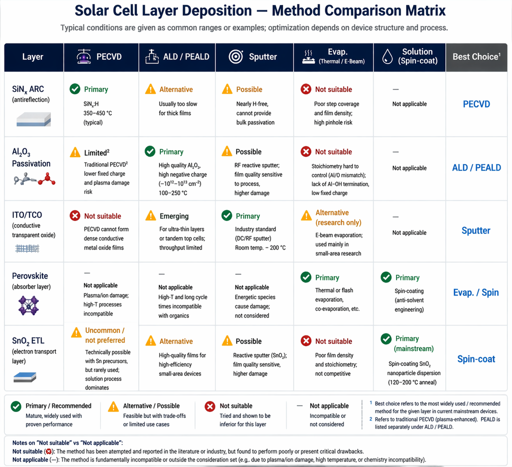 Solar cell layer deposition method comparison matrix — SiNx ARC, Al2O3 passivation, ITO TCO, perovskite, and SnO2 ETL across PECVD, ALD/PEALD, sputter, evaporation, and solution processing