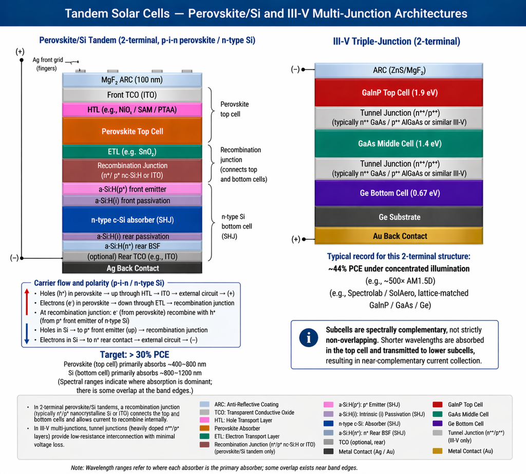 Tandem solar cell architectures — 2-terminal perovskite/Si tandem with recombination layer, and III-V GaInP/GaAs/Ge triple-junction with tunnel junctions, showing carrier flow, polarity, and target PCE