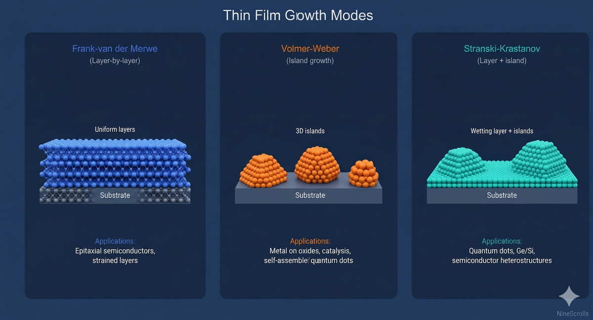 Three thin film growth modes: Frank-van der Merwe (layer-by-layer), Volmer-Weber (island), and Stranski-Krastanov (layer plus island)