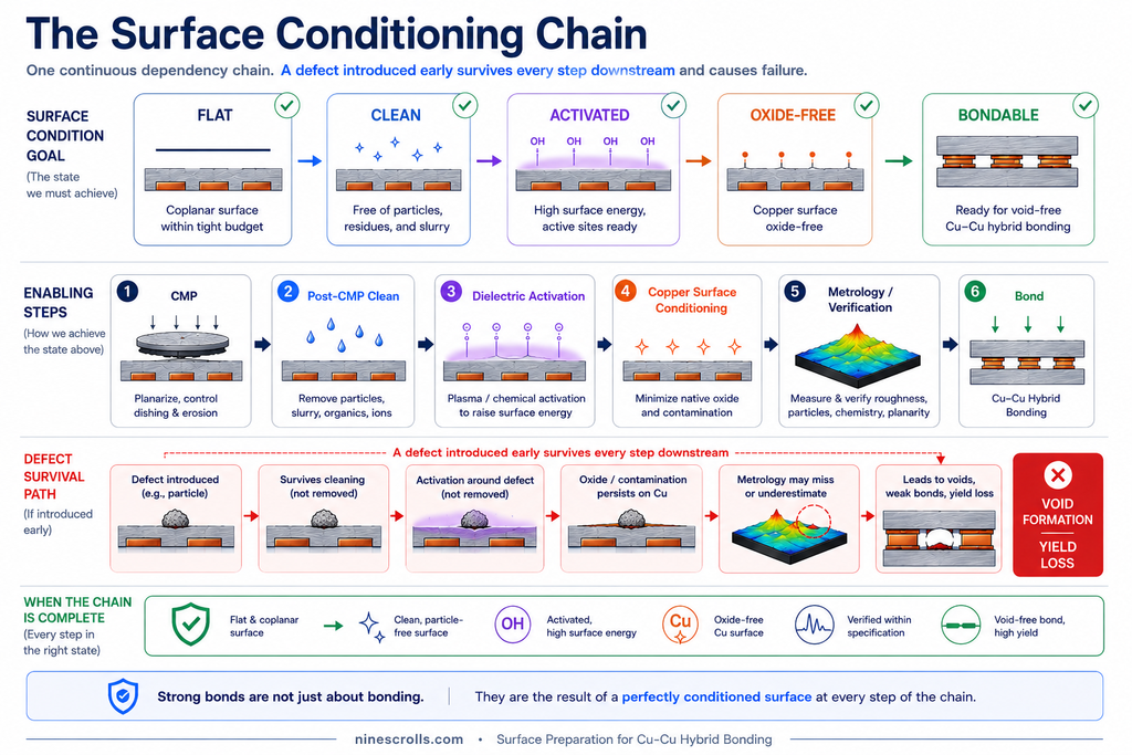 The five-step surface conditioning chain for Cu-Cu hybrid bonding: CMP, post-CMP cleaning, dielectric plasma activation, copper preparation, and metrology, feeding into the bond step