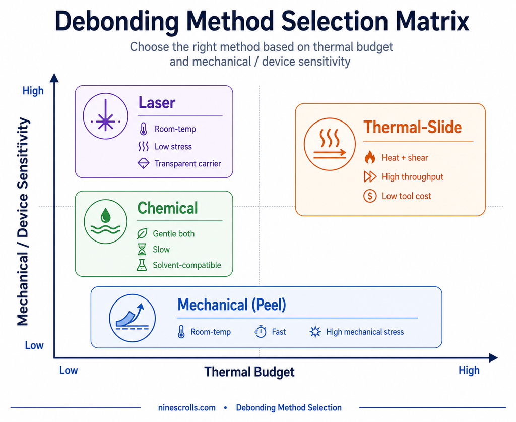 Debonding method selection matrix: laser, thermal-slide, mechanical, and chemical debonding placed by thermal budget and mechanical sensitivity