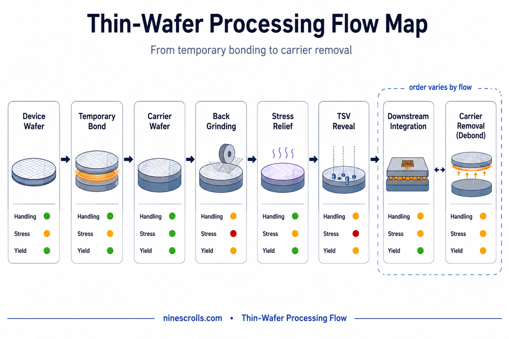Thin-wafer processing flow: device wafer, temporary bond, carrier, back grinding, stress relief, TSV reveal, downstream integration, and carrier removal (debond), each step tagged with handling, stress, and yield risk