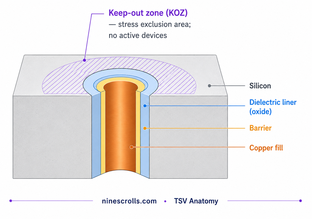 TSV anatomy cross-section: oxide liner, barrier layer, copper fill through thinned silicon, with the surrounding keep-out zone annotated