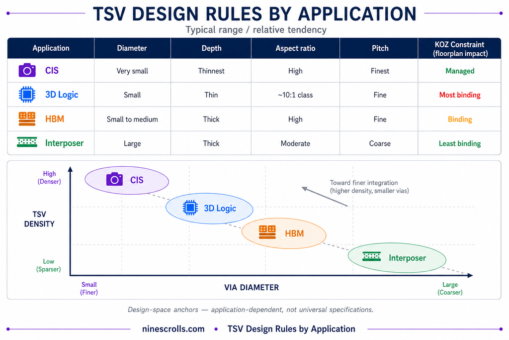 TSV design rule map: a design-space chart plotting via diameter against pitch and depth for CIS, 3D logic, HBM, and interposer application classes, with keep-out zone tendency annotated