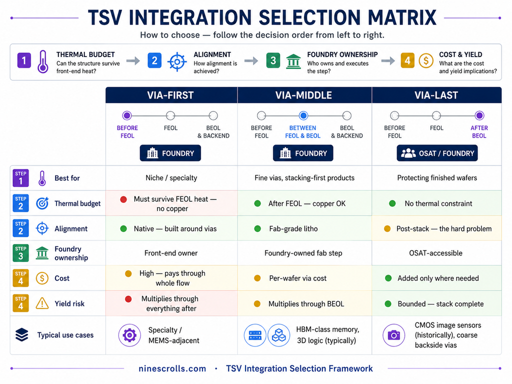 TSV integration selection matrix comparing via-first, via-middle, and via-last across thermal budget, alignment, foundry ownership, cost, yield risk, and typical use cases, with the four-step decision order