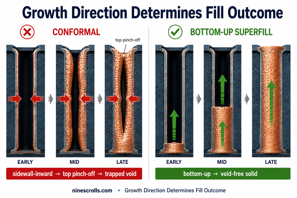 Growth direction determines fill outcome: a conformal sidewall-inward front pinches the via mouth shut and traps a void, while a bottom-up superfill front rises from the base and fills the via solid