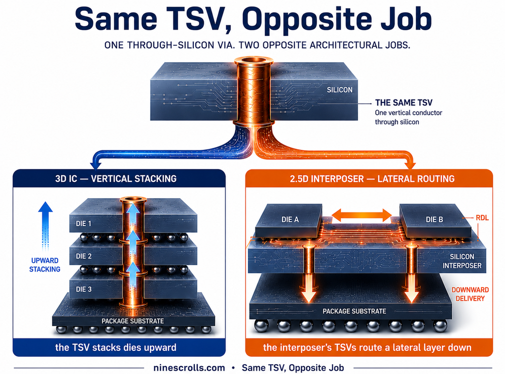 Same TSV, opposite job: one through-silicon via forks into vertical stacking in 3D (dies stacked, the TSV the vertical spine) versus lateral routing in 2.5D (dies side-by-side on an interposer whose TSVs carry the routing layer down to the package)