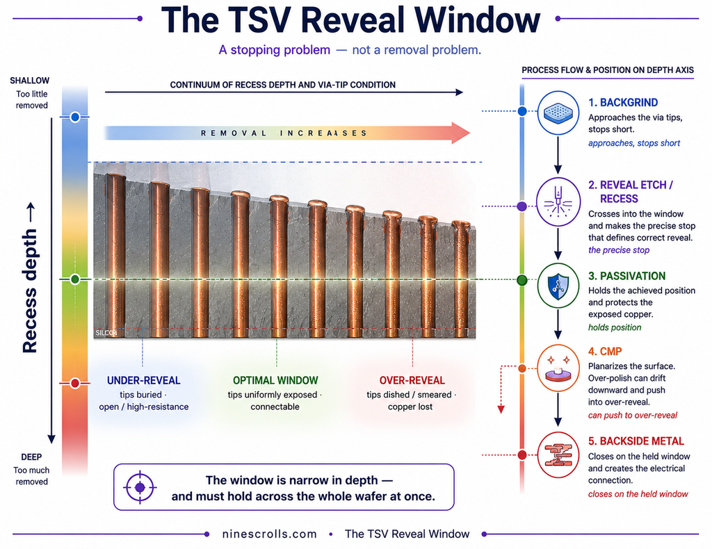 The TSV reveal window: a continuum of recess depth from under-reveal (tips buried) through the optimal window (tips uniformly exposed) to over-reveal (tips dished and damaged), with the process flow as the spine