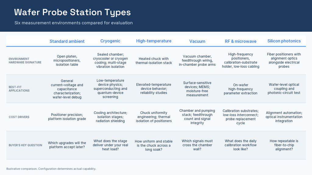 Six wafer probe station types compared across environment hardware, best-fit applications, cost drivers, and the buyer’s key question: standard ambient, cryogenic, high-temperature, vacuum, RF and microwave, and silicon photonics