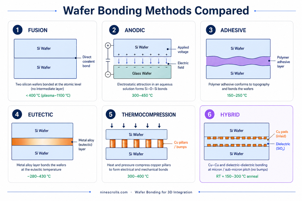 Cross-section comparison of six wafer bonding methods — fusion, anodic, adhesive, eutectic, thermocompression, and hybrid — each showing the two wafers and the interface that joins them, with bonding temperatures