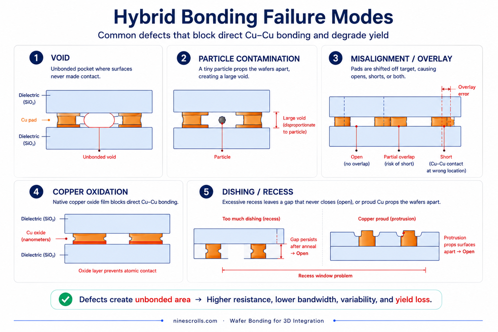 Five hybrid bonding failure modes shown as interface cross-sections: void, particle contamination, misalignment/overlay, copper oxidation, and dishing/recess, each with its root cause