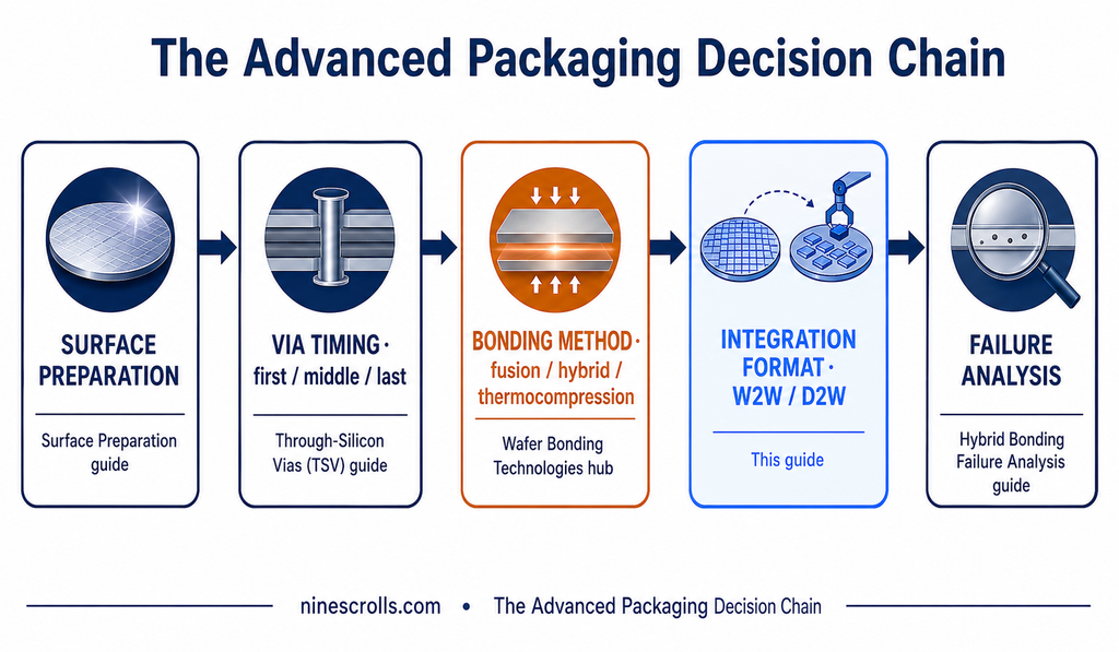 The Advanced Packaging decision chain: surface preparation, via timing, bonding method, integration format, and failure analysis, each owned by its own guide