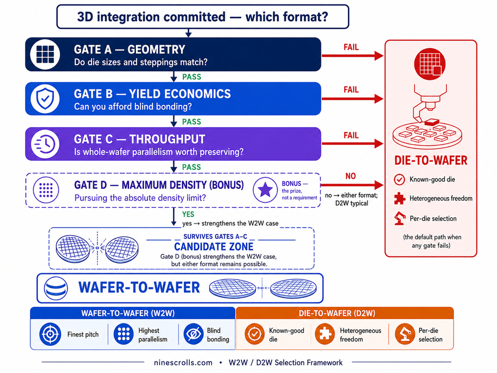 W2W versus D2W selection framework: four gates in order — geometry match, yield economics, throughput, and maximum density as a bonus gate — with fails routing to die-to-wafer and survivors qualifying for wafer-to-wafer