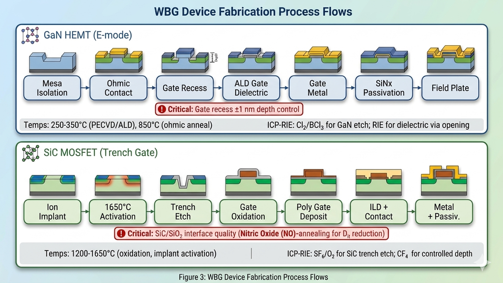 Complete fabrication process flow for GaN HEMT and SiC MOSFET power devices showing major steps from substrate to packaging