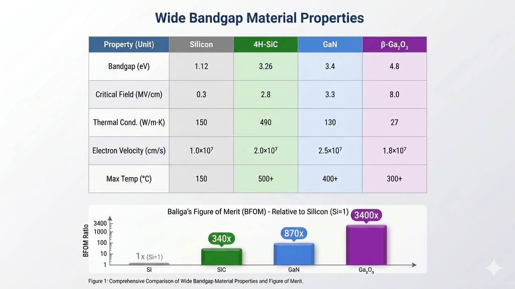 Comparison of silicon, 4H-SiC, and GaN material properties for power electronics showing bandgap, critical field, thermal conductivity, and electron velocity